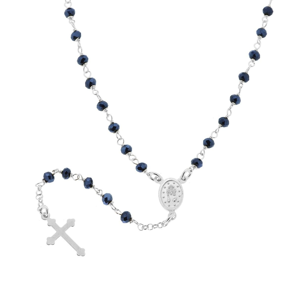Collana Rosario cm 50 con Grani in Crystal colore Blu Avion, Argento s925