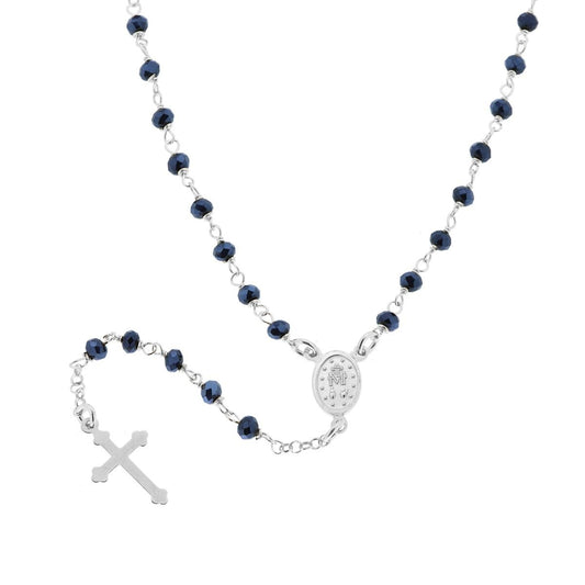 Collana Rosario cm 50 con Grani in Crystal colore Blu Avion, Argento s925