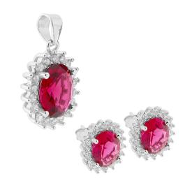Parure Set Ciondolo e Orecchini Zircone Ovale Kate Rosso Rubino, Argento s925