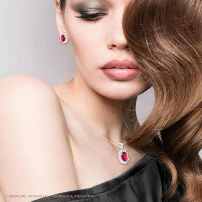 Parure Set Ciondolo e Orecchini Zircone Ovale Kate Rosso Rubino, Argento s925