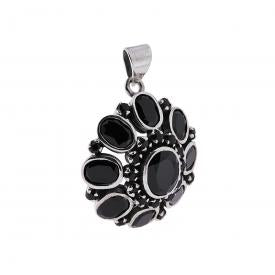 Ciondolo Etnico Fiore Ovale con Pietre Naturali Onice, Argento s925