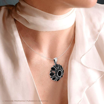 Ciondolo Etnico Fiore Ovale con Pietre Naturali Onice, Argento s925