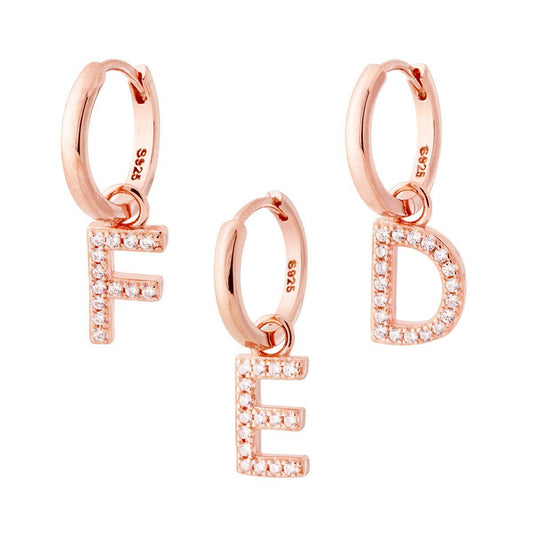 Orecchino Cerchio MONO con Lettera e Zirconi Bianchi, in Argento 925 e oro rosa
