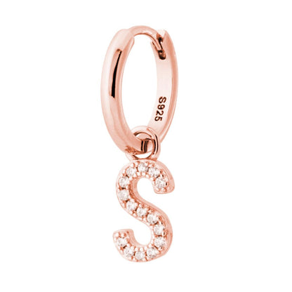 Orecchino Cerchio MONO con Lettera e Zirconi Bianchi, in Argento 925 e oro rosa
