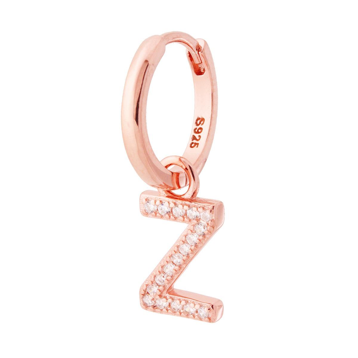 Orecchino Cerchio MONO con Lettera e Zirconi Bianchi, in Argento 925 e oro rosa