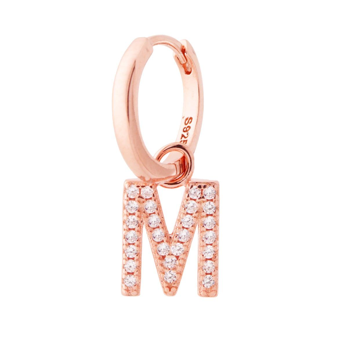 Orecchino Cerchio MONO con Lettera e Zirconi Bianchi, in Argento 925 e oro rosa