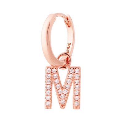 Orecchino Cerchio MONO con Lettera e Zirconi Bianchi, in Argento 925 e oro rosa