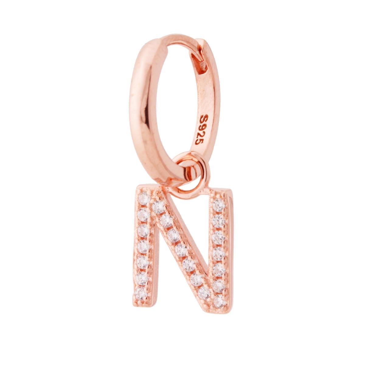 Orecchino Cerchio MONO con Lettera e Zirconi Bianchi, in Argento 925 e oro rosa