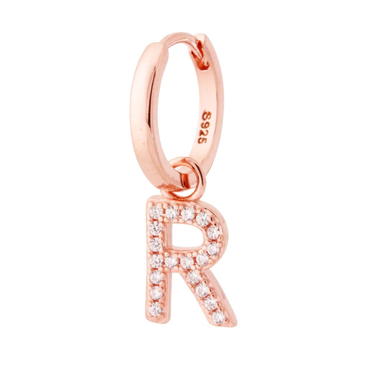 Orecchino Cerchio MONO con Lettera e Zirconi Bianchi, in Argento 925 e oro rosa