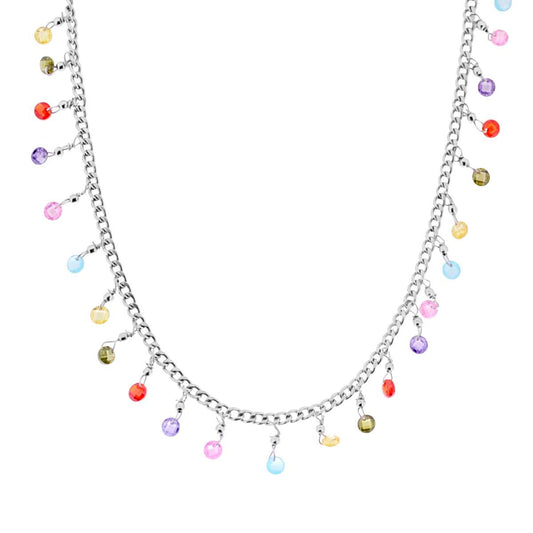 925 Silver Rose Crystal Multicolor Curb Necklace