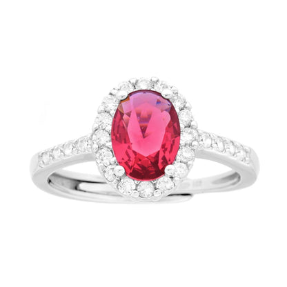 Anello Solitario Ovale con Zircone Rosso contornato, in ARGENTO S925