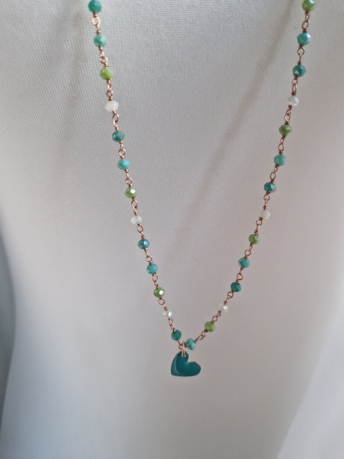 Rosary Style Necklace, Mixed Green, S925 Silver