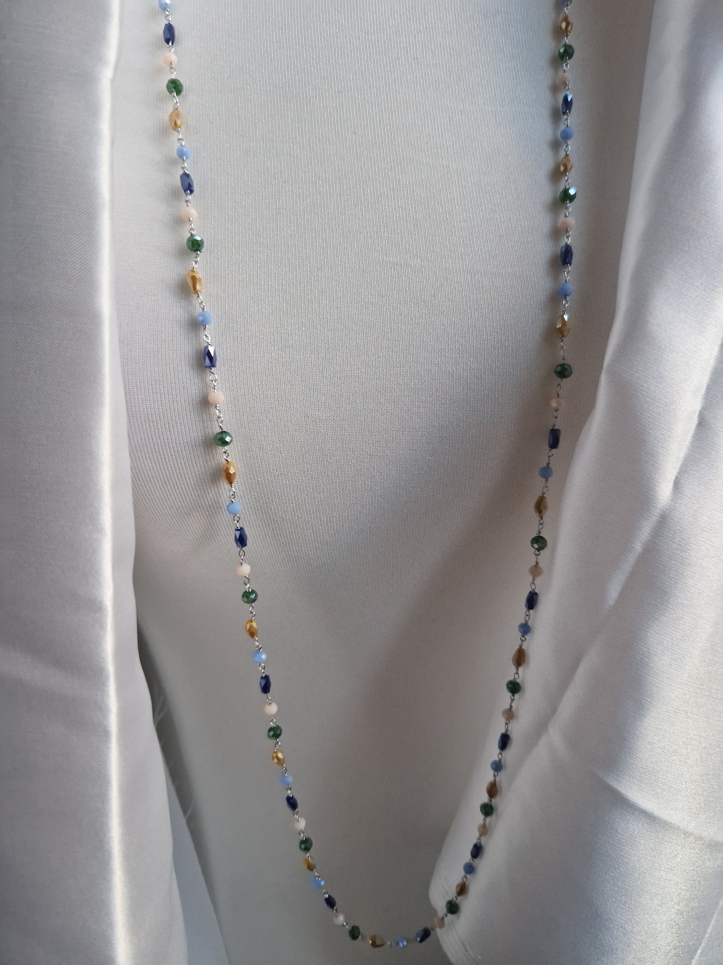 Rosary Style Necklace, Green Blue Light Blue Yellow Ochre