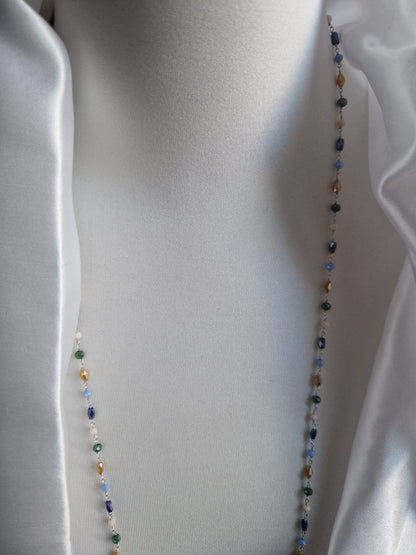 Rosary Style Necklace, Green Blue Light Blue Yellow Ochre