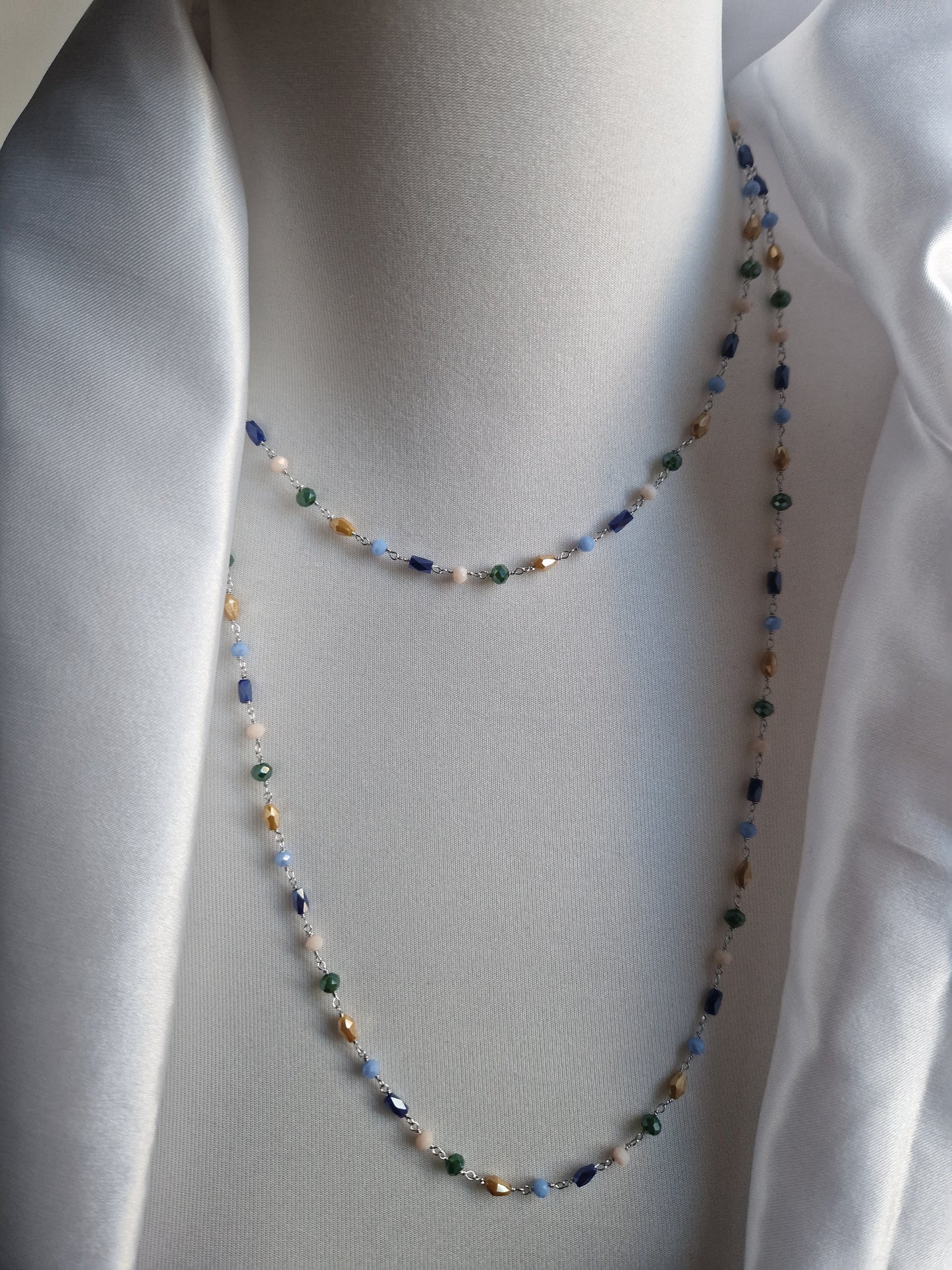 Rosary Style Necklace, Green Blue Light Blue Yellow Ochre