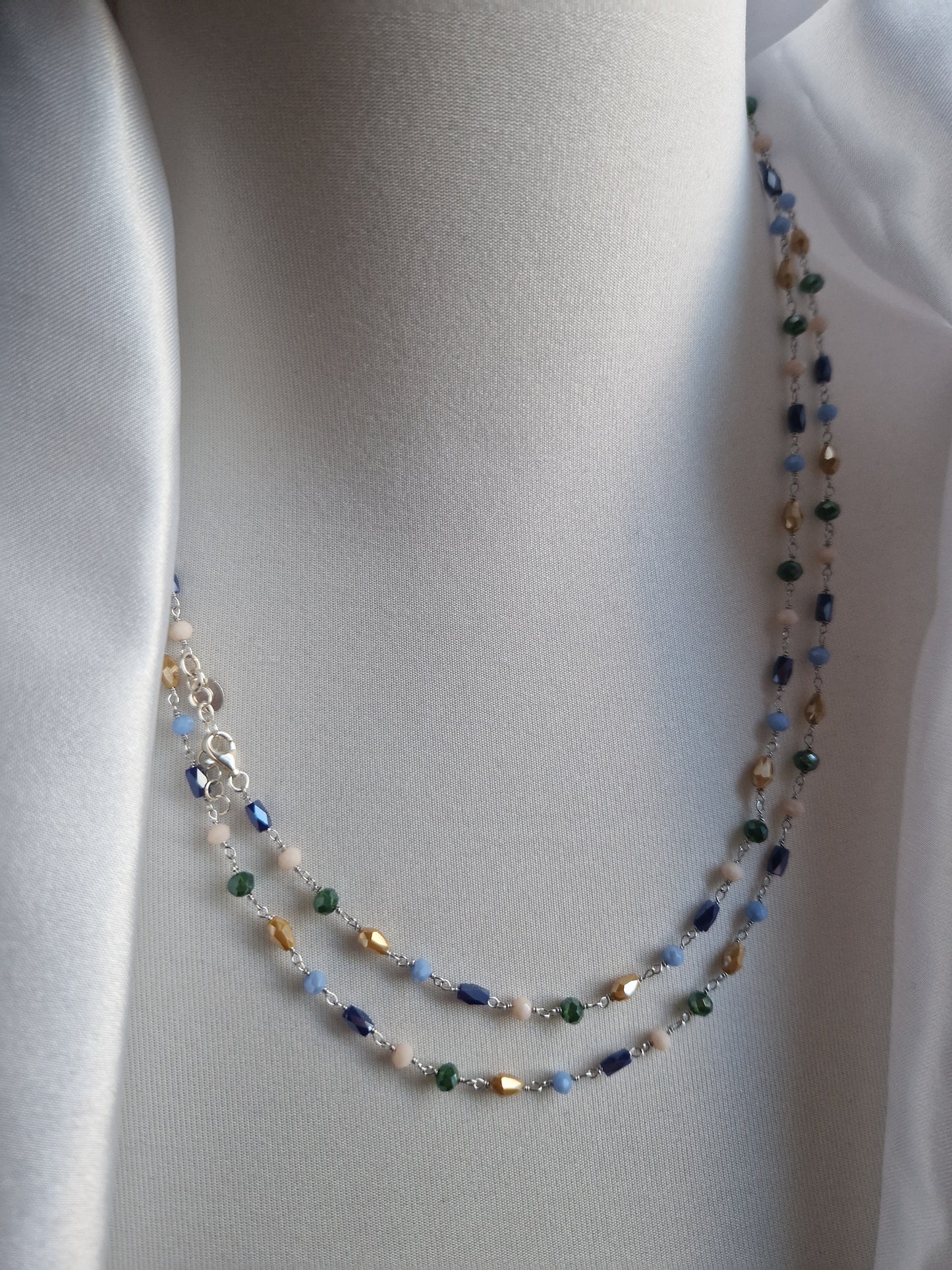 Rosary Style Necklace, Green Blue Light Blue Yellow Ochre