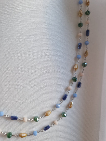 Rosary Style Necklace, Green Blue Light Blue Yellow Ochre