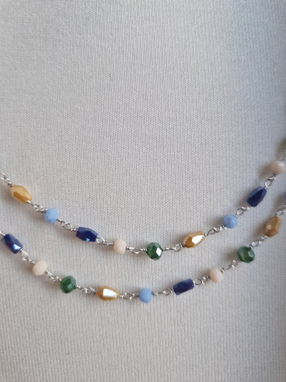 Rosary Style Necklace, Green Blue Light Blue Yellow Ochre