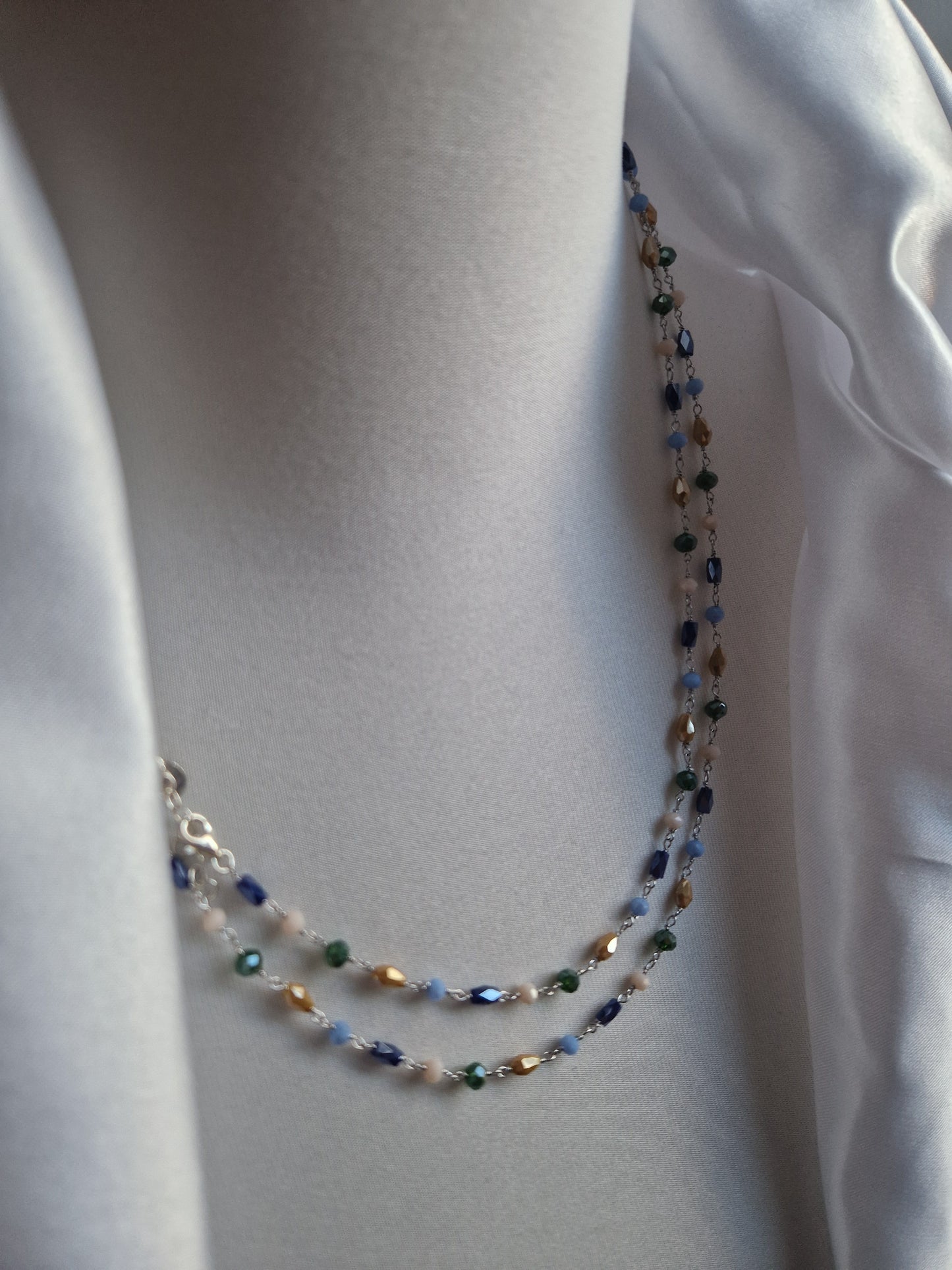 Rosary Style Necklace, Green Blue Light Blue Yellow Ochre