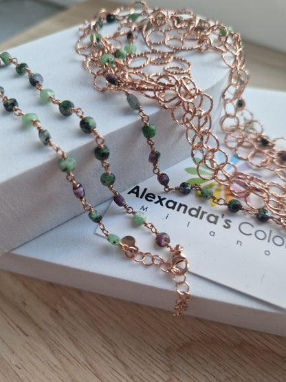 Long Necklace in Zoisite Stones and Diamond Silver