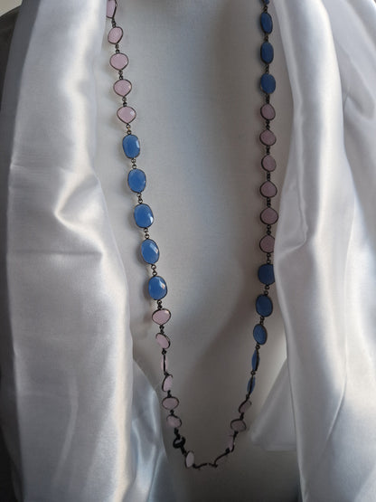 Long Necklace with Hard Stones in Teal and Pink 