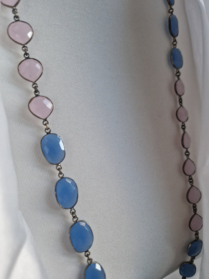 Long Necklace with Hard Stones in Teal and Pink 