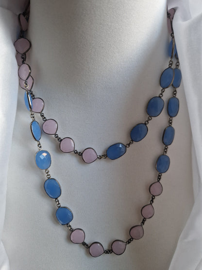 Long Necklace with Hard Stones in Teal and Pink 