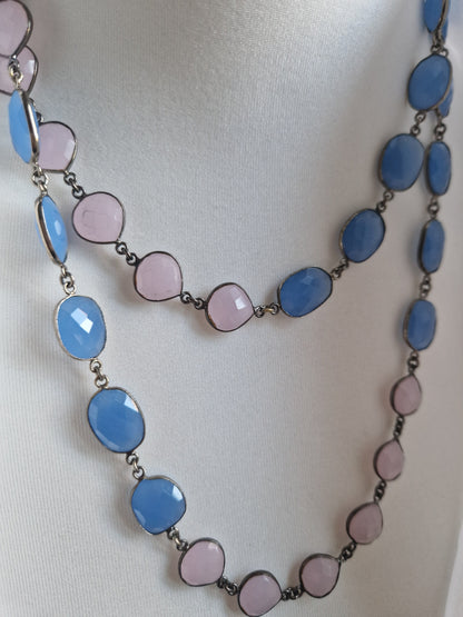 Long Necklace with Hard Stones in Teal and Pink 