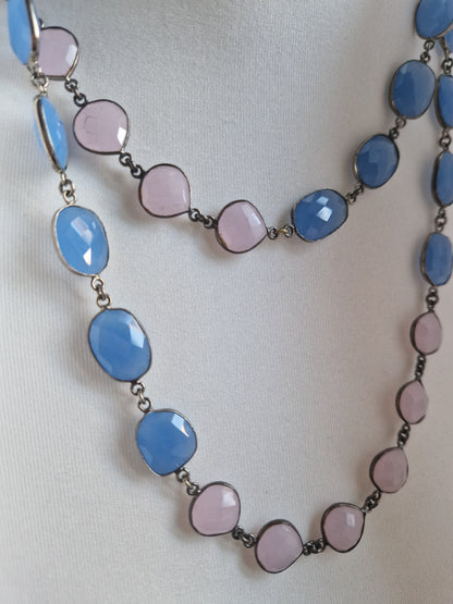 Long Necklace with Hard Stones in Teal and Pink 