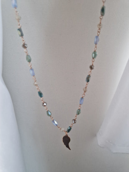 Rosary Style Necklace, Sage Green and Pearls, with Wing Pendant