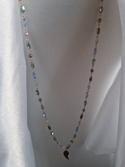 Rosary Style Necklace, Sage Green and Pearls, with Wing Pendant