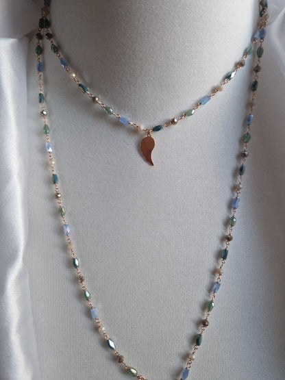 Rosary Style Necklace, Sage Green and Pearls, with Wing Pendant