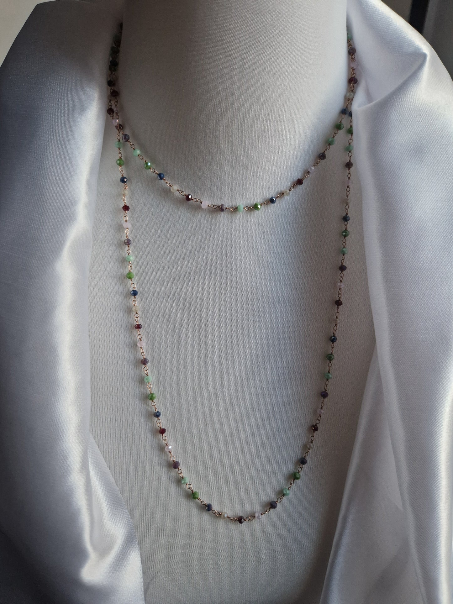 Rosary Style Necklace, Green Blue Light Blue Yellow Ochre