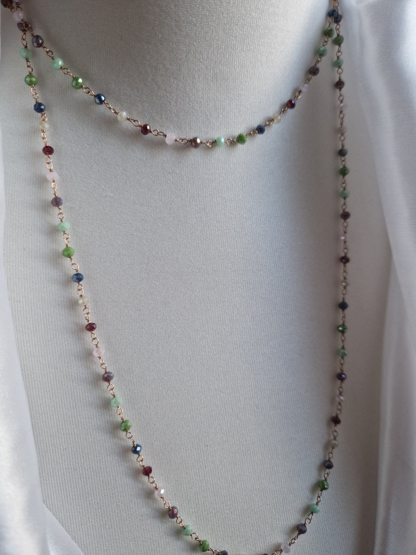 Rosary Style Necklace, Green Blue Light Blue Yellow Ochre