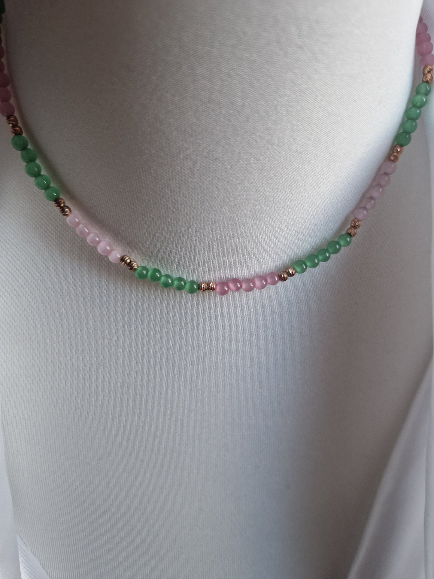 Pink and Green Agate Beads Necklace, S925 Silver