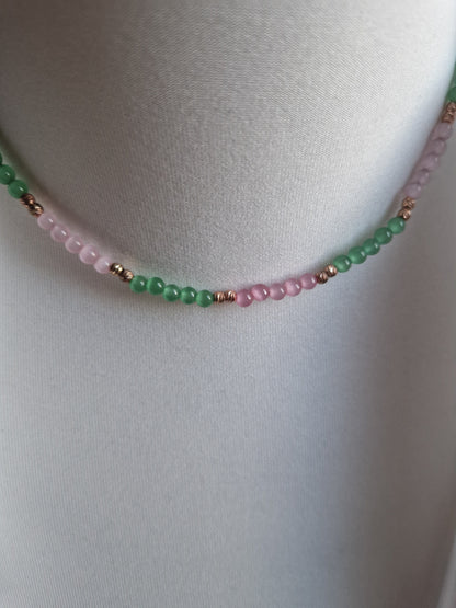 Pink and Green Agate Beads Necklace, S925 Silver