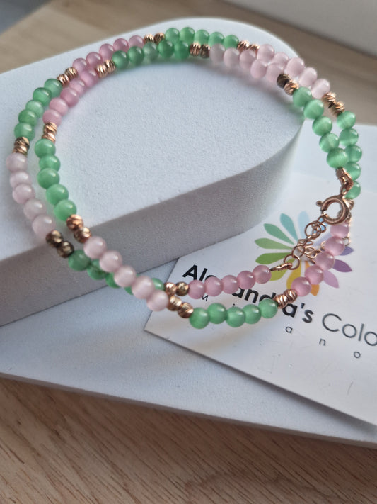 Pink and Green Agate Beads Necklace, S925 Silver