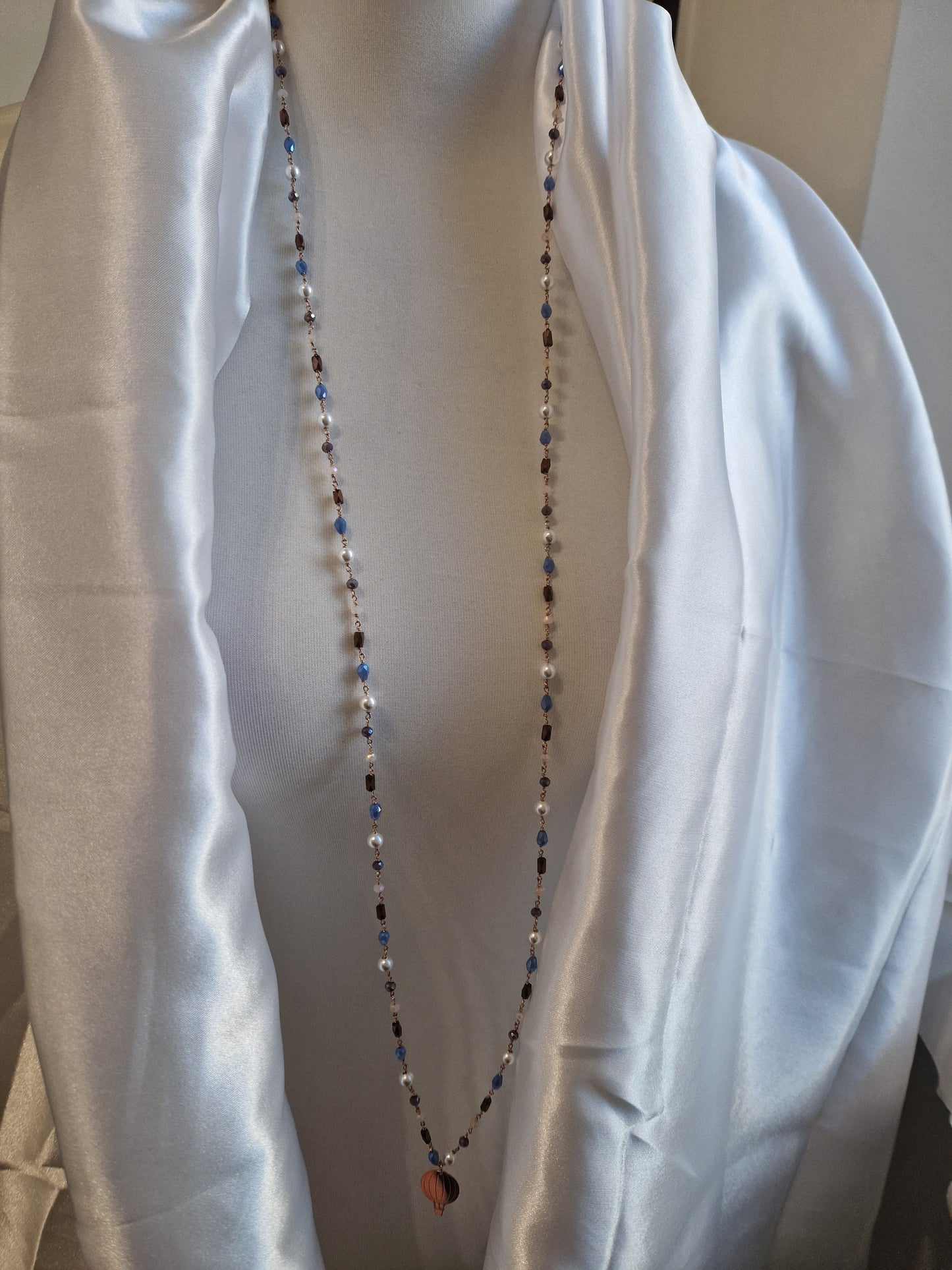 Rosary Style Necklace, Sage Green and Pearls, with Wing Pendant