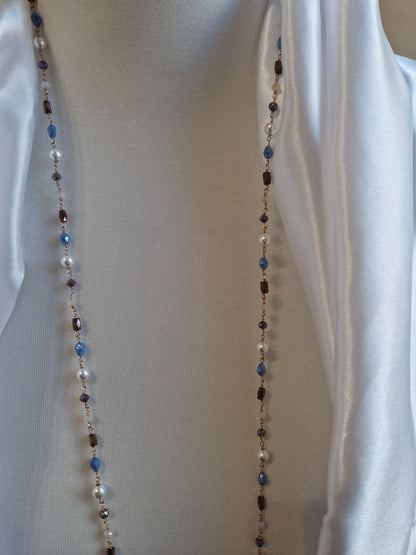 Rosary Style Necklace, Sage Green and Pearls, with Wing Pendant