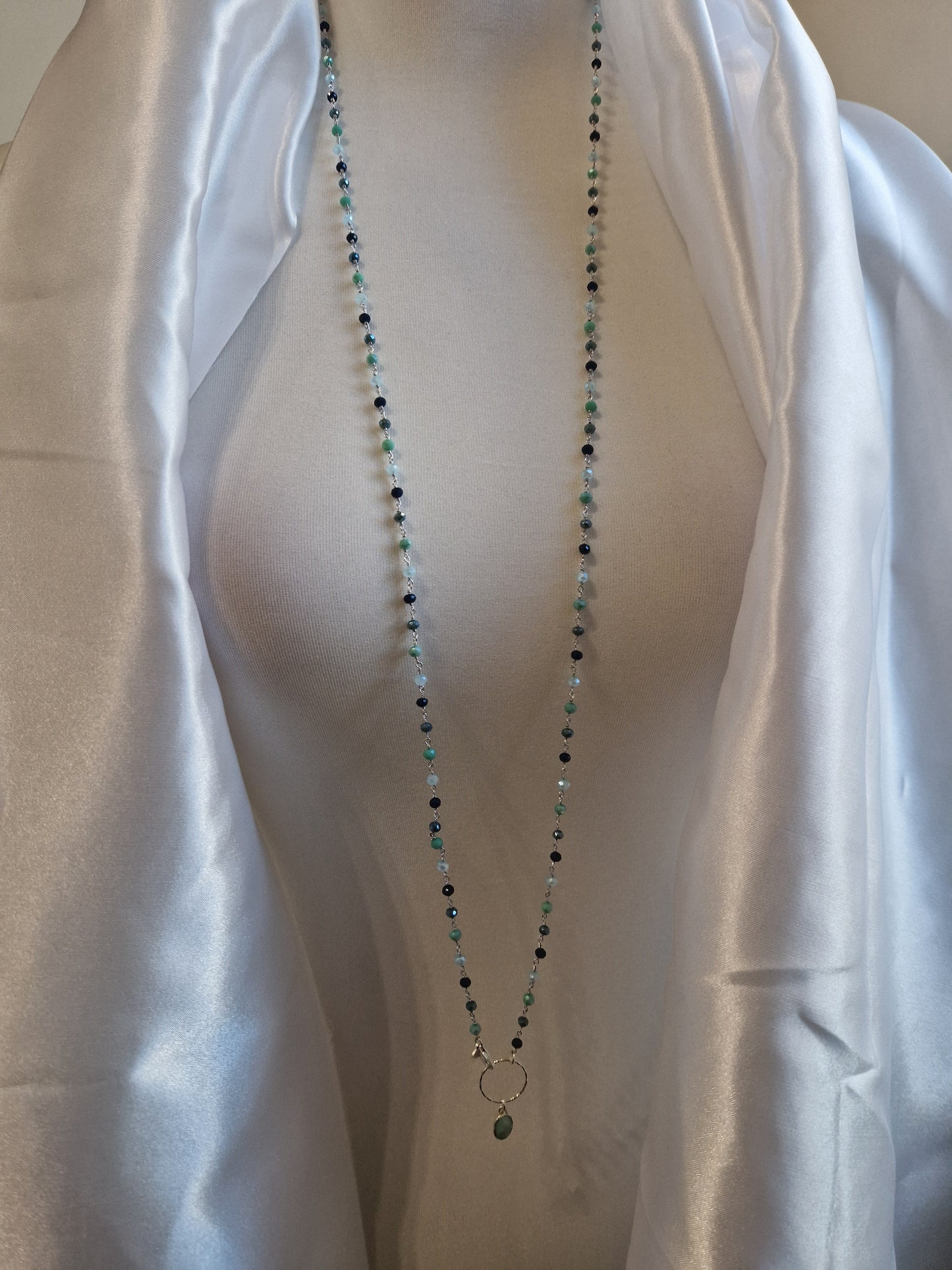 Rosary Style Necklace, Sage Green and Pearls, with Wing Pendant