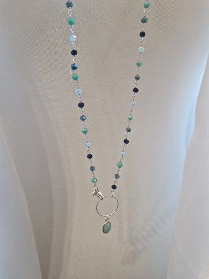 Rosary Style Necklace, Sage Green and Pearls, with Wing Pendant