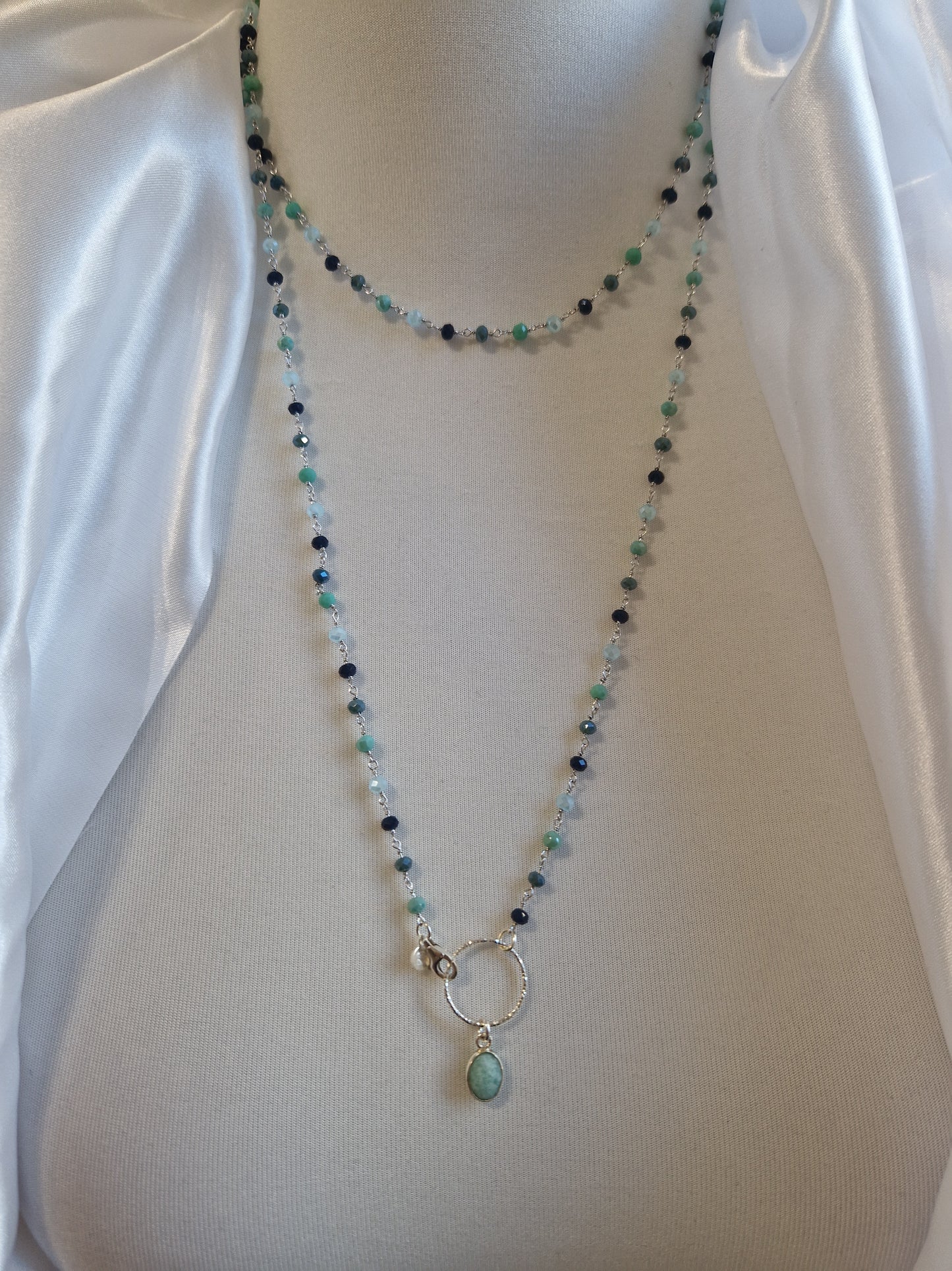 Rosary Style Necklace, Sage Green and Pearls, with Wing Pendant