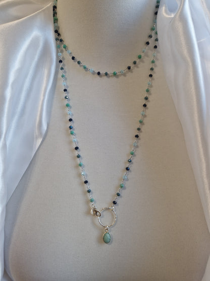 Rosary Style Necklace, Sage Green and Pearls, with Wing Pendant