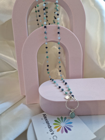 Rosary Style Necklace, Sage Green and Pearls, with Wing Pendant