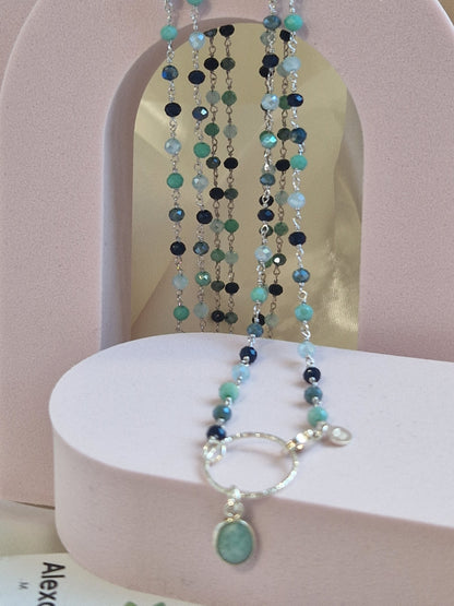 Rosary Style Necklace, Sage Green and Pearls, with Wing Pendant