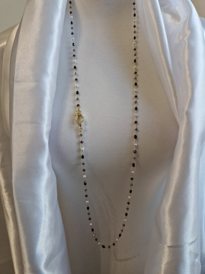 Rosary Style Necklace, Sage Green and Pearls, with Wing Pendant