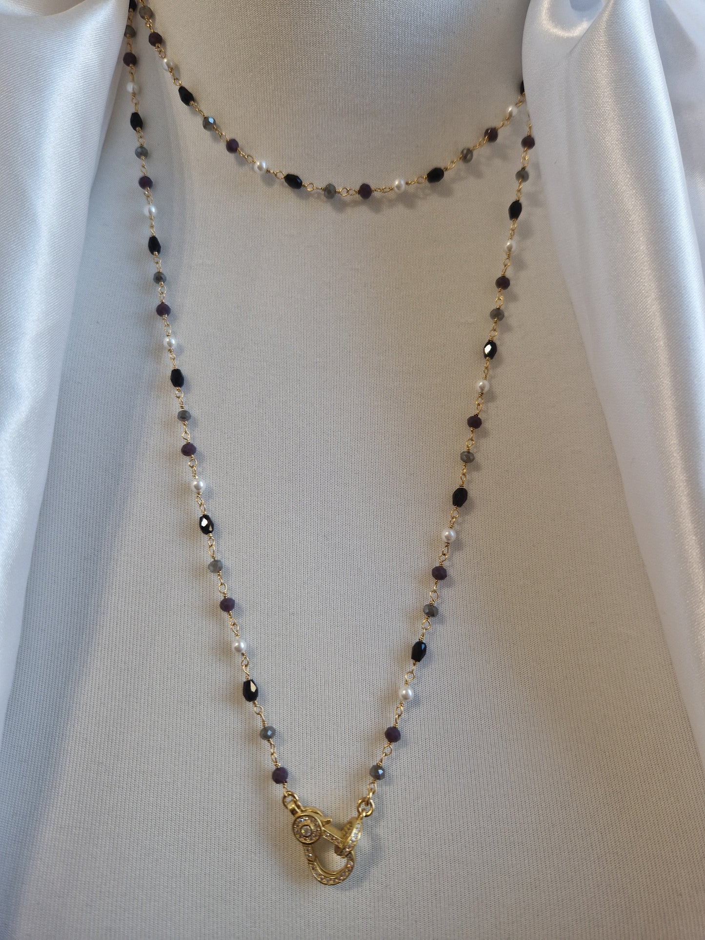 Rosary Style Necklace, Sage Green and Pearls, with Wing Pendant