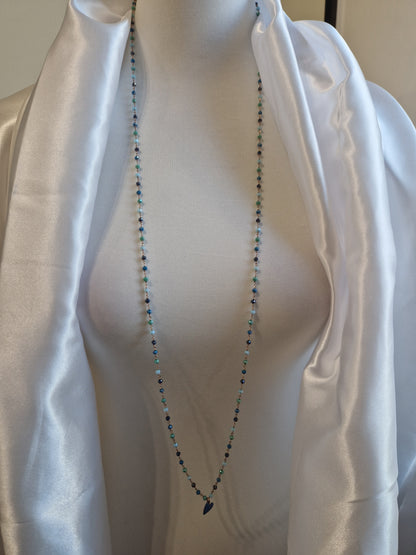 Rosary Style Necklace, Sage Green and Pearls, with Wing Pendant