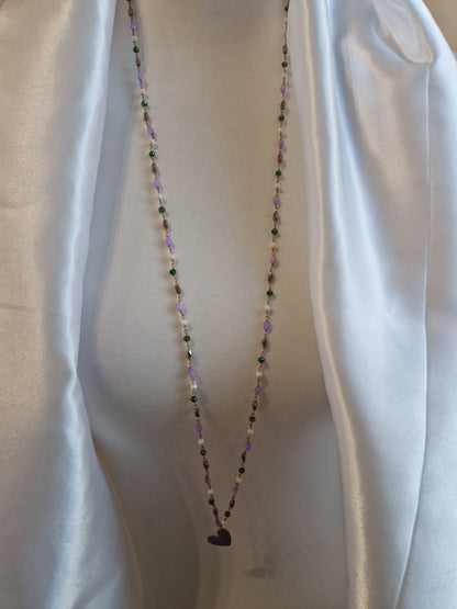 Rosary Style Necklace, Sage Green and Pearls, with Wing Pendant