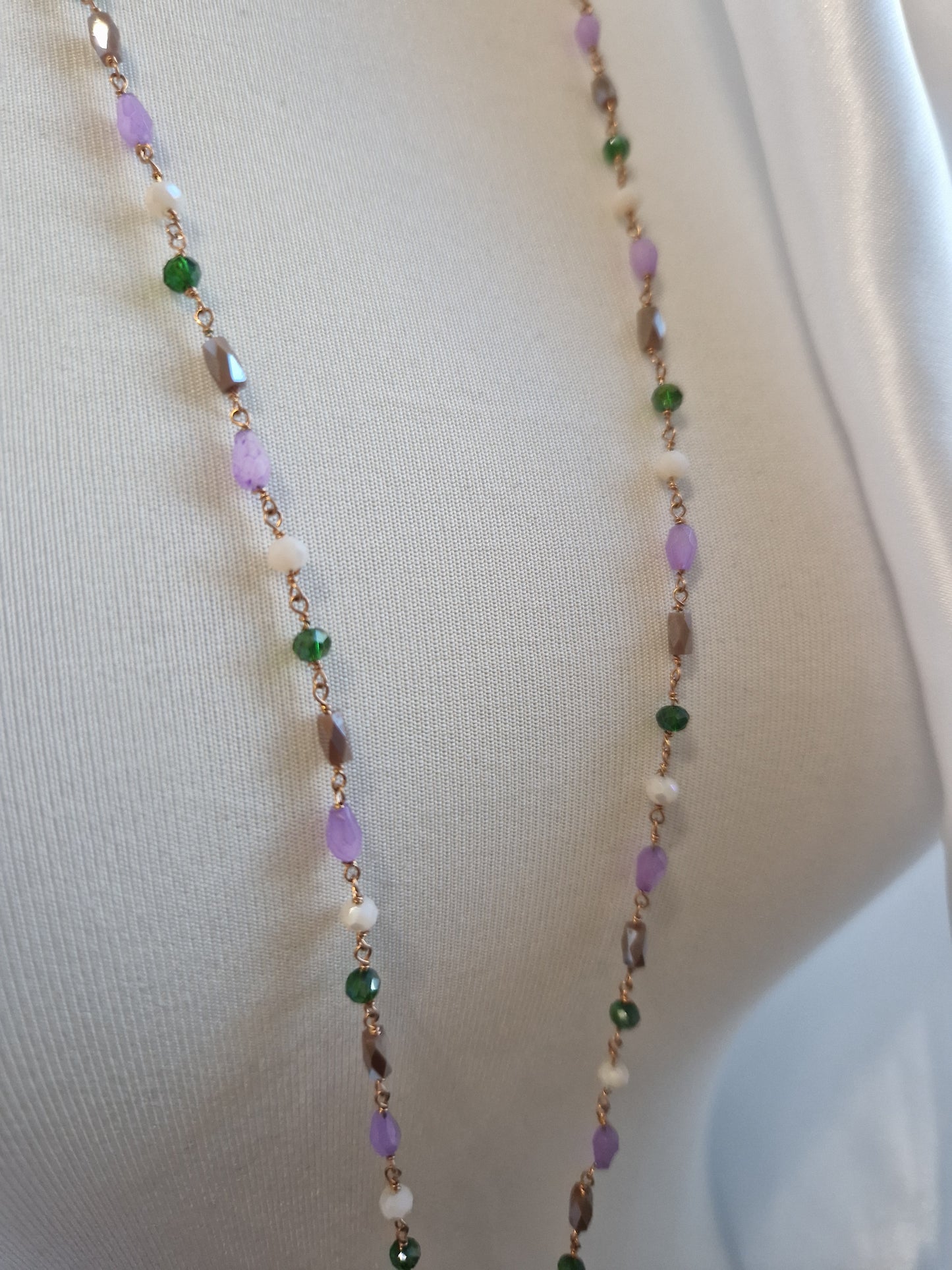 Rosary Style Necklace, Sage Green and Pearls, with Wing Pendant